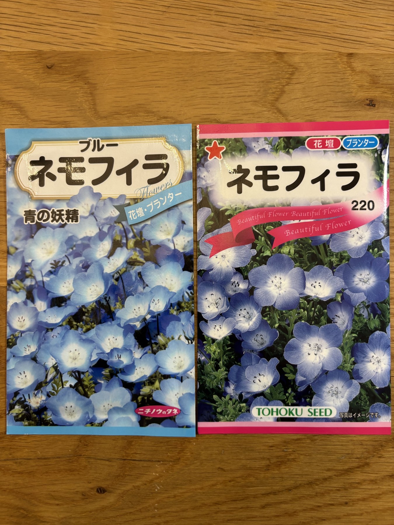 ネモフィラの種の袋が二つ並んでいる